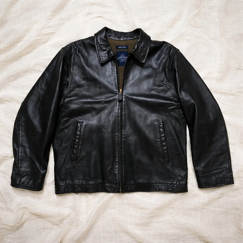 Vintage Y2K NAUTICA Genuine Leather Jacket Mens 44 Black Soft Leather Zip Front